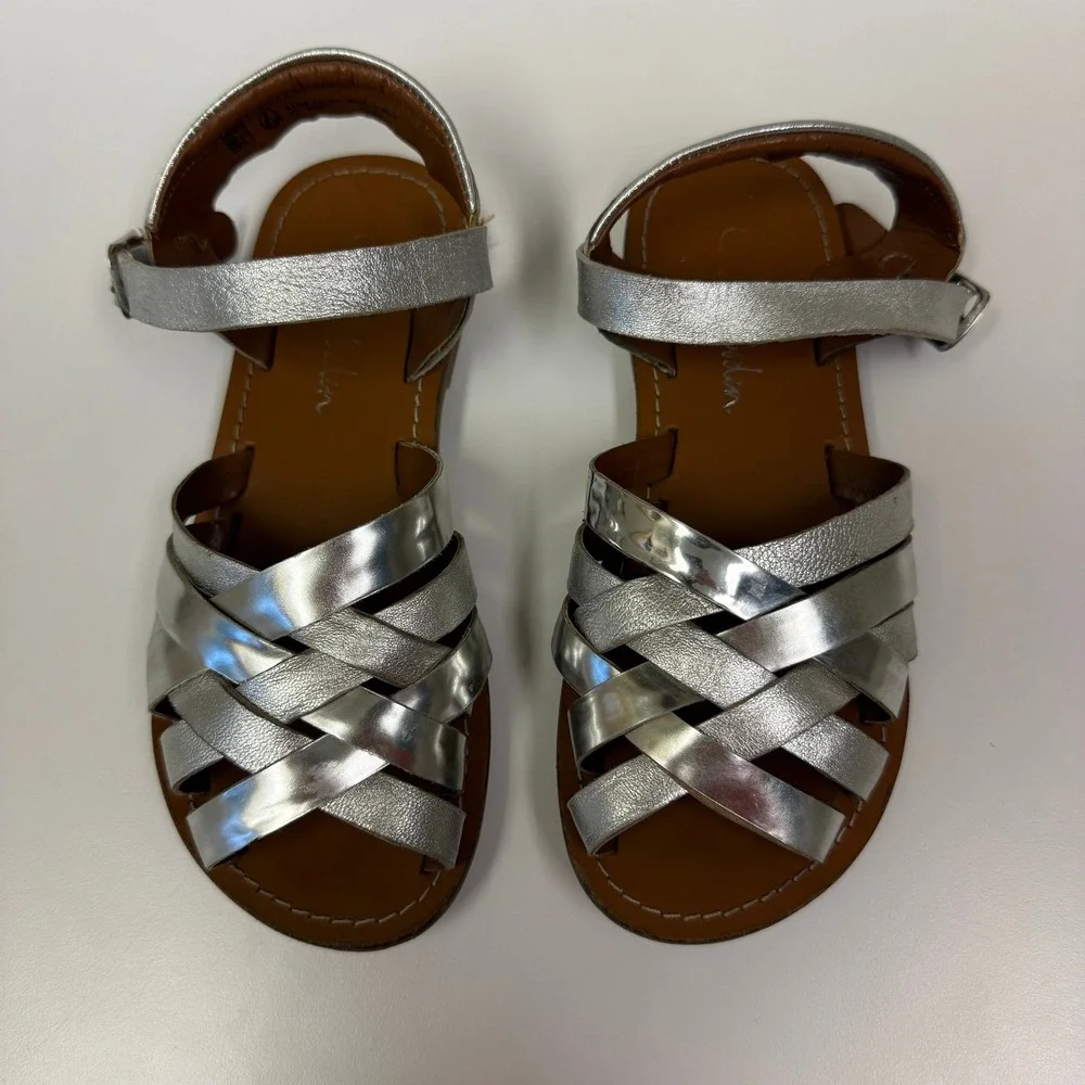 Mini Boden Kids Metallic Silver Strappy Sandals Size 32 Caged Buckle Ankle Strap